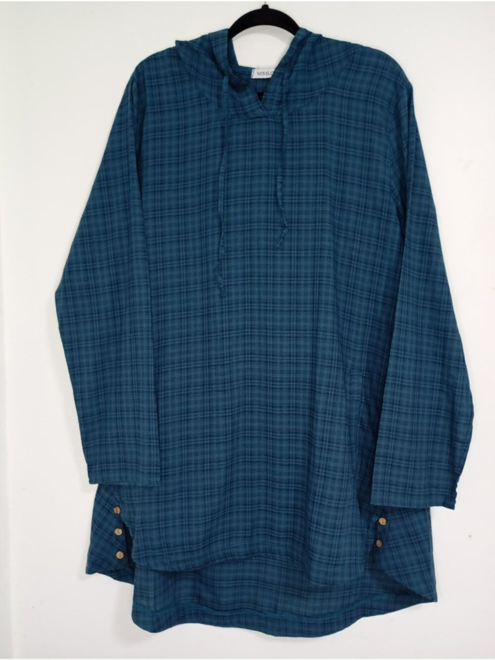 Misslook Hooded Tunic Womens Blue Plaid 2XL With Button Details cotton